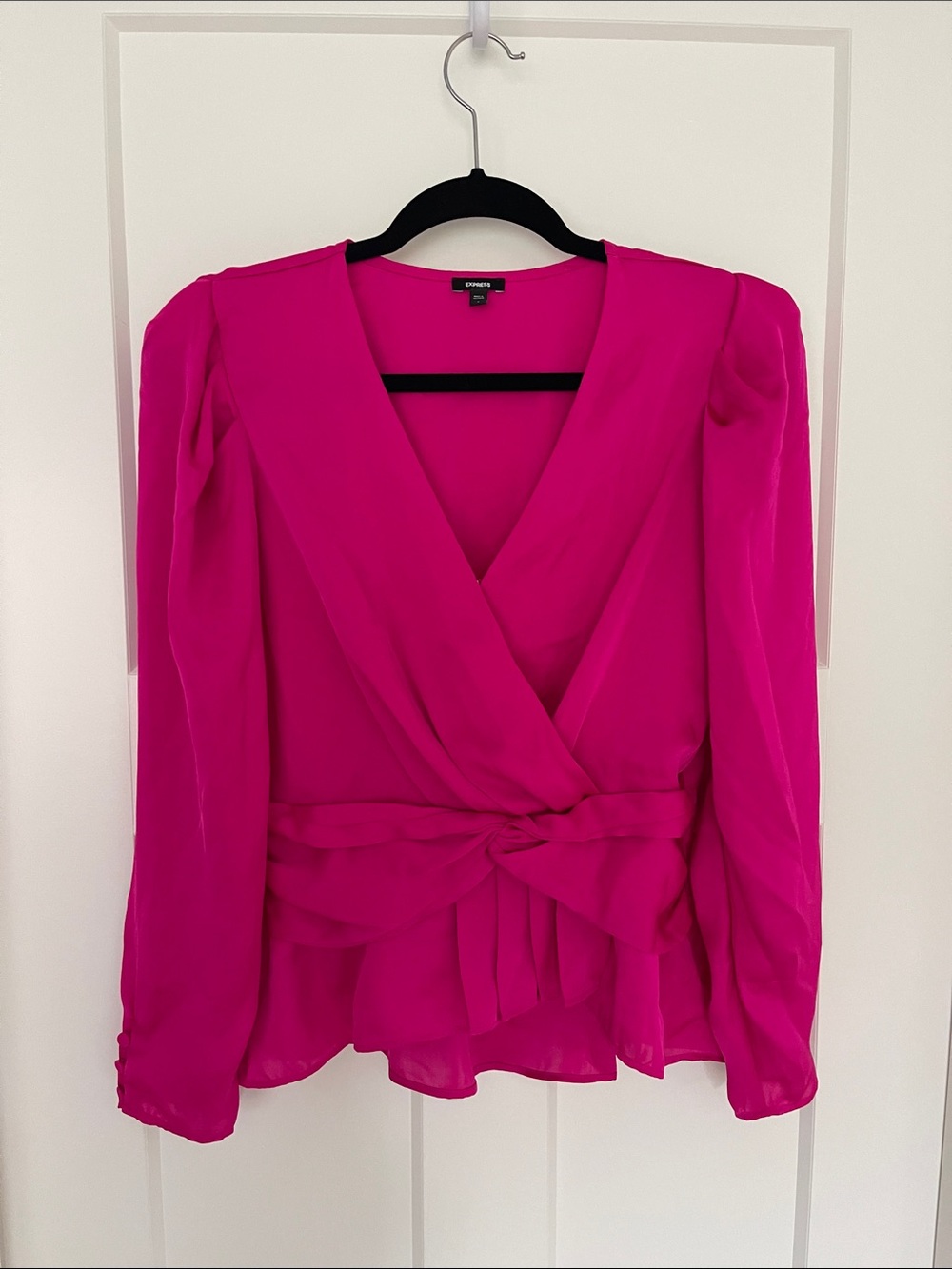New Express Satin V Neck Peplum Top Neon Berry Pink S